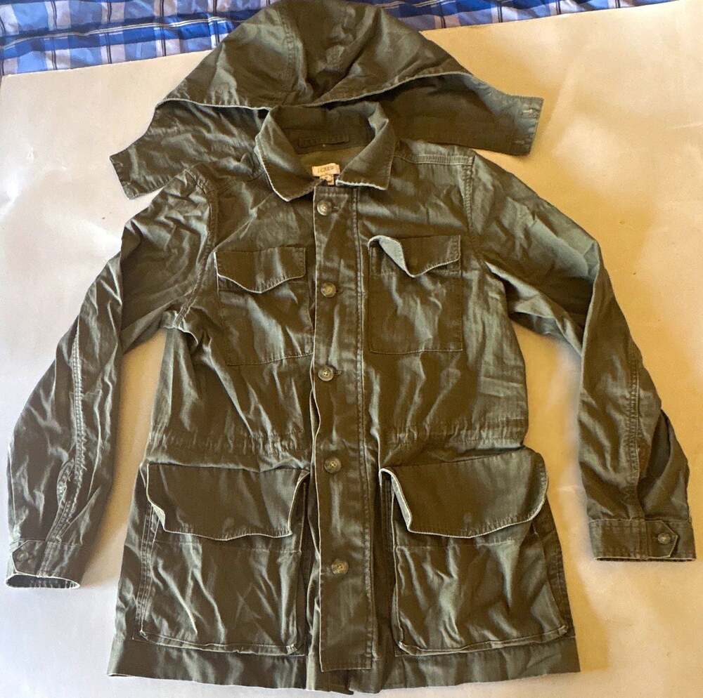 J.Crew Women's Utility Field Jacket Detachable Hood Olive Green Cargo Size M